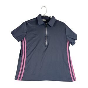 Helium Authentique Women's  Zip Polo Shirt Gray Pink Stripe Short Sleeve Size L